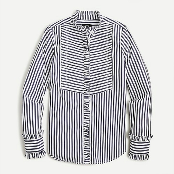 J.Crew tuxedo shirt Navy White Stripe Ruffle Size XS - Picture 7 of 15